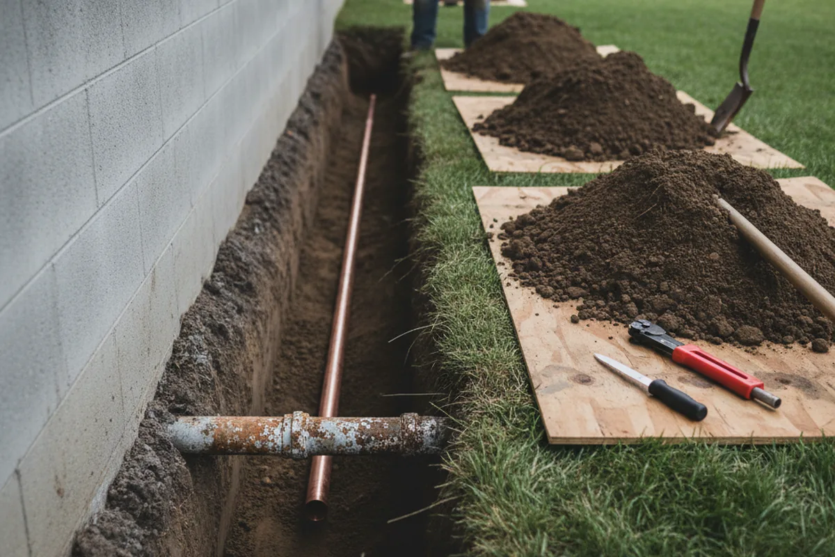 Excavated water line trench during Water Heater Repair in Rensselaer